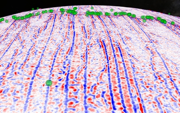 Gravity gradient model of Mid-Atlantic Ridge, green dots for earthquakes of at least magnitude 5.5